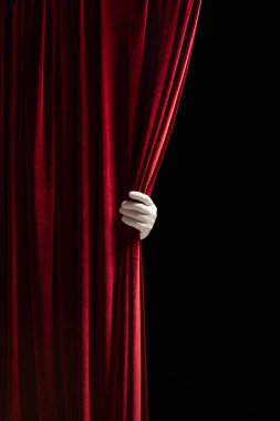 Soluk bir el tarafından çekilen kırmızı kadife perde siyah boşluğu açığa çıkarıyor. Tiyatro posterleri, film gösterileri için tasarım. Gizem kavramı, kitap kapakları, kişisel büyüme seminerleri ve hayat değişimi kampanyaları.