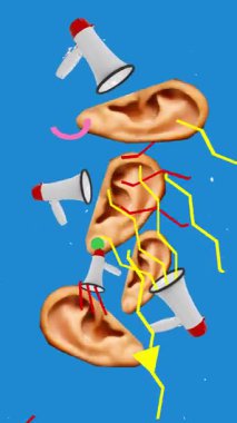 Aşırı duyma. Farklı pozisyonlardaki birçok kulağın kendilerine yönelmiş birden fazla megafonu vardır. Müşteri geribildirim ve medya bilgi baskısı kavramı. Oyuncu dur hareketi