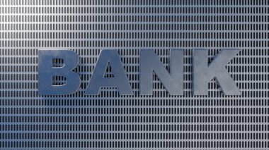 Metalik bir banka amblemi, çağdaş bir delinmiş duvar zemininde gösteriliyor. Kentsel finansal mimari markalaşma fikri.