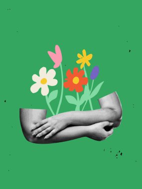 İki kol ve yeşil arka planda geniş renkli halk çiçekleriyle çevrili nazik bir kucaklaşma. Aşk ve özen temalı kolaj. Gururla ilgili bakım kampanyaları ve posterleri kavramı