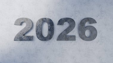 Gri beton sayılar, modern endüstriyel bir tasarımı yansıtan dokulu bir yüzeye karşı 2026 yılını gösteriyor. Gelecekçi kentsel mimari ve zaman çizelgesi kavramı. Yeni Yıl ve Noel terfileri.