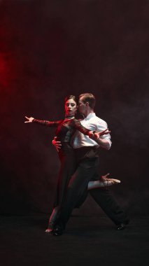 Bir ikili, kırmızı ışıklı dumanlı bir ortamda özetlenen yoğun bir Arjantin tangosuyla çarpışıyor. Zarif romantizm ve tiyatro sanatının teması.