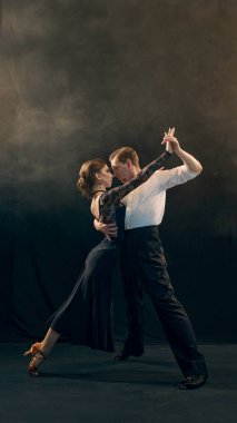 Zarif bir çift tutkulu bir Arjantin tangosuyla dans ediyor. Dramatik ışıklandırma altında yetenekleri ve duyguları sergiliyorlar. Dans yoluyla romantik ifade kavramı.