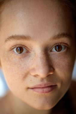 Gün ışığında çilleri ve yumuşak doğal cildi olan sakin genç bayana yakın çekim. Güzellik kavramı, cilt bakımı, yumuşaklık, doğal görünüş ve kozmetik ve sağlıktaki duygusal gerçeklik..