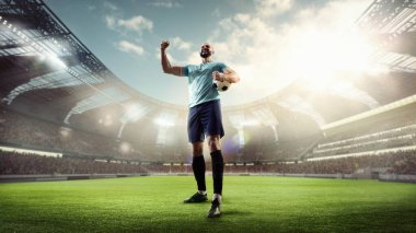 Sakallı futbolcu, üç boyutlu stadyumda topla duygusal olarak bağırıyor. Yaz sporu kavramı, gol başarısı, atlet markalaşması, motivasyon, spor etkinliği görselleri.