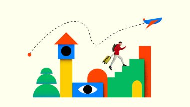 Yaratıcı dijital sanat eseri. Adam bavuluyla renkli binaların üzerinden atlıyor ve heyecanlı bir ifadeyle uçuyor. Yaz tatili reklamı, gençlik turizmi tanıtımı, dijital seyahat rezervasyonu