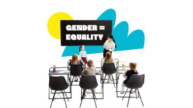 Sınıfta öğretmen ve öğrencilerin çağdaş kolajı, cinsiyet eşitliğini öğrenme. Kapsayıcı eğitim kavramı, cinsiyet hassasiyeti, feminist gençlik programları, neşeli nişan gösterimi.