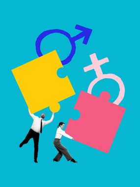 Mavi arka planda cinsiyet sembolleri olan dev yapboz parçaları tutan kadın ve erkeğin çağdaş kolajı. İş birliği kavramı, cinsiyet dengesi, takım çalışması, iş kararlarında eşitlik.