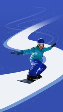Parlak kompozisyon. Mavi kıyafetli snowboardcu mavi kar arka planında dinamik beyaz eğri iniyor. Kış sporu tanıtımı, gençlik enerjisi posteri, aktif yaşam tarzı kampanyası kavramı.