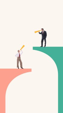 Kadın ve erkeğin minimalist arkaplanda megafon kullanmasının grafiksel kompozisyonu. Uzaktan iletişim, takım diyaloğu, İK görsel ve iş eğitimi kavramı.