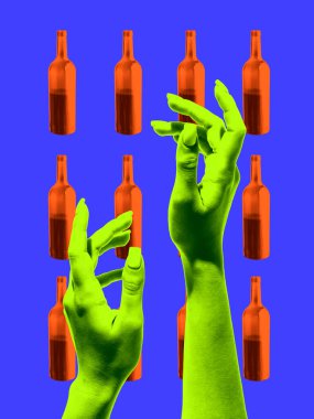Canlı mavi arka planda turuncu şişeli yeşil ellerden oluşan sürreal bir kolaj. Şarap kültürü, kutlama, içecek pazarlama, modern sanat tarzı, gece hayatı ve parti promosyonu kavramı.