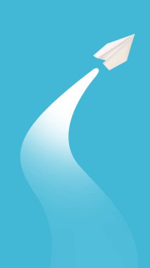 Çağdaş sanat eserleri. Beyaz kağıt uçak yukarı doğru uçuyor ve mavi arka planda uzun kıvrımlı izler var. Seyahat kavramı, yaratıcı büyüme, yükselen hareket, iş büyümesi ve vizyoner planlama.