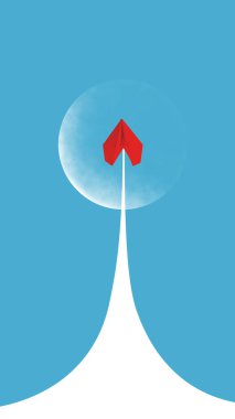 Çağdaş kolaj. Kırmızı kağıt uçak, mavi gökyüzüne karşı temiz dikey iz bırakıyor. Hızlı büyüme kavramı, başlangıç momentumu, başlangıç başarısı ve iddialı iş stratejisi.