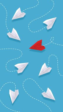 Beyaz uçaklar arasında parlak kırmızı kağıt uçak kolajı mavi arka planda farklı yollar izliyor. Bireysellik kavramı, yaratıcı yön, stratejik seçimler ve rekabetçi ortamlarda gezinme