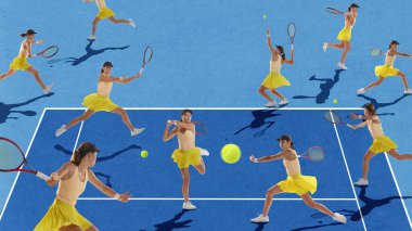 Yaratıcı kolaj. Sarı etekli bayan tenisçi sahada birden fazla hareketle gösteriliyor. Enerji, rekabet, kadın spor markalaşması, yaşam tarzı pazarlama ve atletik motivasyon kavramı.