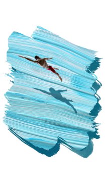 Parlak kolaj. Erkek yüzücü, havanın ortasında güçlü gölgelerle mavi su üzerinde uçuyor. Spor enerjisi, özgürlük, güç, zafer, meydan okuma, esneklik, ilham ve insan odaklanma kavramı.