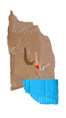 Çağdaş kompozisyon. Dalgıç kartondan uçurumdan mavi su parçasına atlıyor. Yaratıcılık kavramı, cesaret, spor ilhamı, korkunun ve eğlenceli keşiflerin üstesinden gelmek..