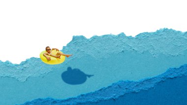 Renkli kolaj. Çocuk, soyut su dalgalarının üzerinde yüzen şişme bir yüzüğün üzerinde rahatlıyor. Boş zaman yüzme, yaz etkinliği, çocukluk eğlencesi, su güvenliği ve eğlence sporları kavramı.