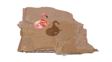 Yaratıcı kolaj. Flamingo şamandıralı kız karton yüzey gölge oyununda gülümsüyor. Yaz tatili konsepti, çocukluk keyfi, eğlenceli eğlence, tatil havası ve kaygısız mutluluk..