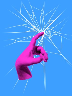 Gerçeküstü kolaj sanatı. Direncin kırılganlığının ve protestonun kırık cam sembolüne el sürmek. Duygusal ifade, zihinsel sağlık, kriz, güç, iletişim ve dramatik direniş kavramı.