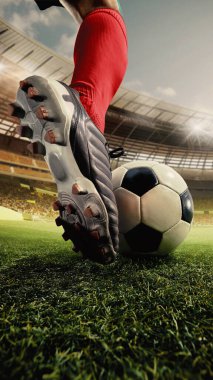 Kırmızı çoraplı futbol ayakkabısı kararlı bir şekilde canlı 3D stadyum çimlerinde topa basıyor. Ulusal gurur, rekabet gücü, duygusal spor markalaşması ve dijital reklam kavramı.