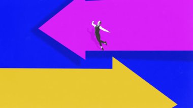 Playful stop motion. Businessman running along diverging arrows while checking phone against vivid backdrop. Concept of sales strategy and market, business growth, decision-making.