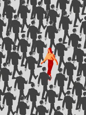 Vibrant artwork of red woman walking confidently among black and white businessmen. Concept of individuality, gender equality, and breaking stereotypes, the courage to lead with authenticity
