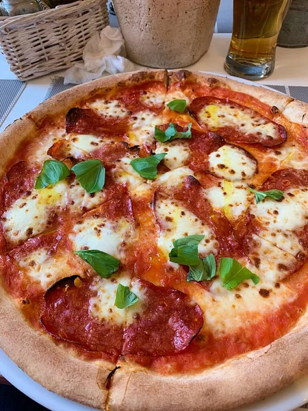 stock image pizza with tomato sauce, spicy salami, fresh basil, spicy pizza, melted mozzarella, Italian specialty