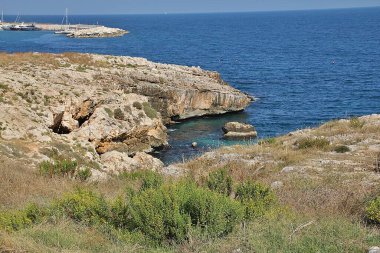 Puglia 'nın kayalık kıyıları, turkuaz su, güney Adriyatik kıyıları, güney İtalya