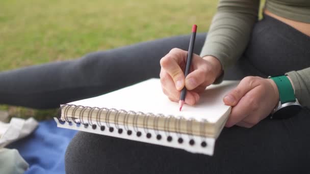 Женщина Сидящая Синем Одеяле Парке Рисующая Спиральную Тетрадь — стоковое видео