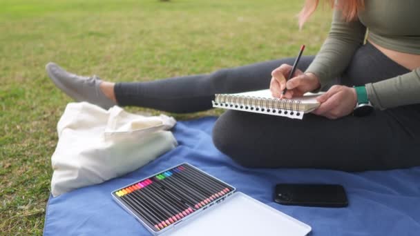 Shoulder View Woman Sketching Notebook Sitting Blue Blanket — Stock Video