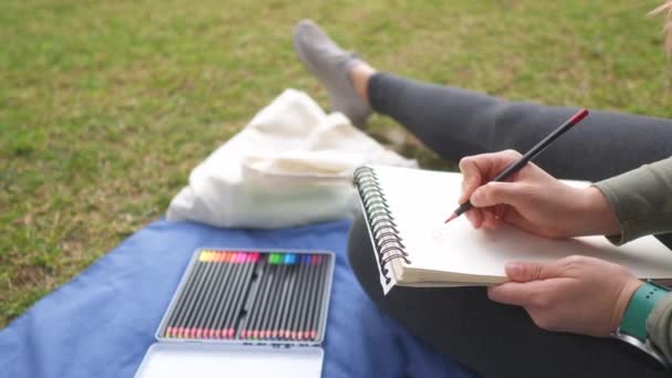 Kobieta Siedząca Niebieskim Kocu Parku Zaczynająca Rysować Kolorowymi Ołówkami Notatniku — Wideo stockowe