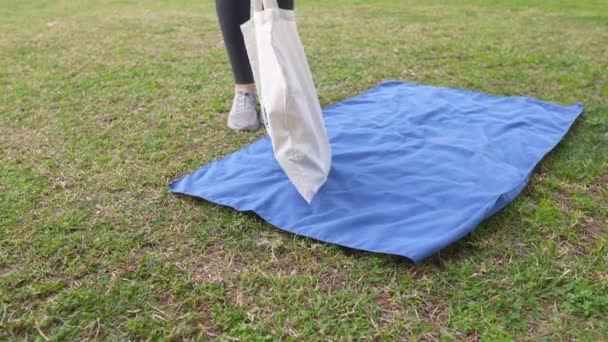 一个女人在公园的草地上铺了一条蓝色的毯子 准备放松一下 — 图库视频影像