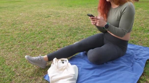 Mujer Sentada Una Manta Azul Parque Con Una Bolsa Mano — Vídeo de stock