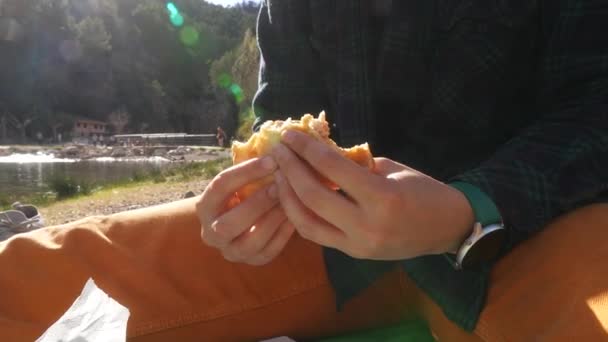 Uma Pessoa Segurando Sanduíche Meio Comido Piquenique Ensolarado Beira Rio — Vídeo de Stock