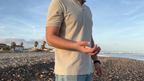 ビーチの海に石を投げる男 — ストック動画