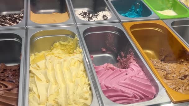 冰淇淋店陈列着各种口味的冰淇淋在盘子里 — 图库视频影像