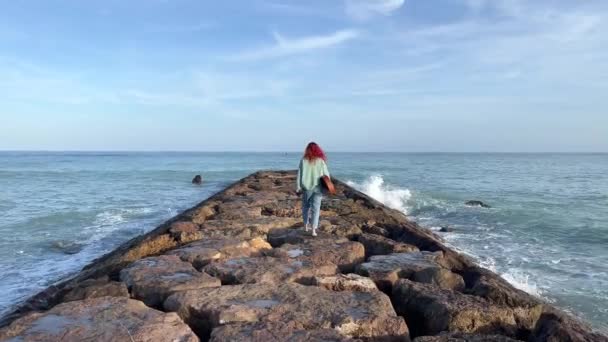 地中海のブレイクウォーターの端に向かってギターで歩いている女性のリアビュー — ストック動画