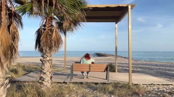 Mulher Sentada Banco Praia Madeira Tocando Guitarra Frente Mar — Vídeo de Stock