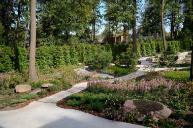 Çiçeklerle, çalılarla ve taş yollarla peyzaj tasarımı