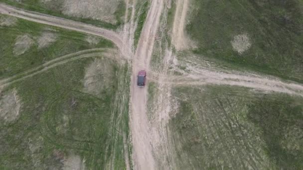 Vehicle Drives Field Drone View High Quality Footage — Vídeo de Stock