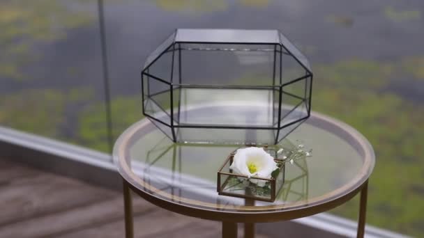海の背景に対するガラステーブルの上の結婚指輪 高品質のフルHd映像 — ストック動画