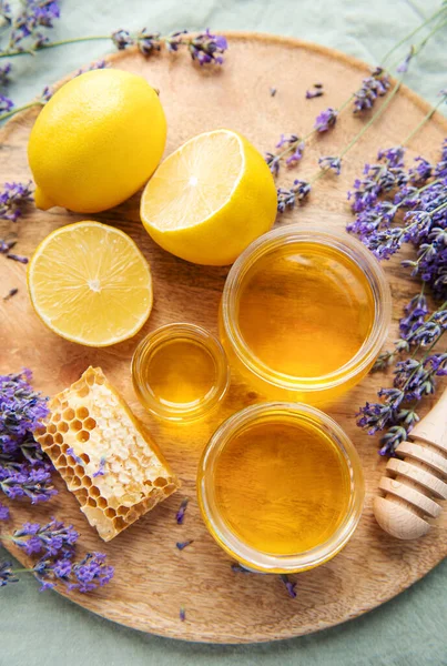 Glass Honey Honeycomb Lavender Flowers — Stock Photo, Image