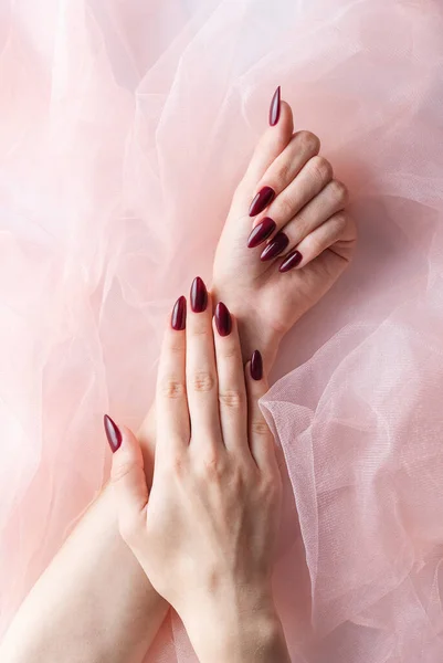 Beautiful Hands Young Woman Dark Red Manicure Nails Pink Tulle — Stock Photo, Image