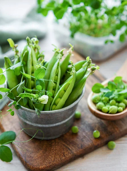 Young Fresh Juicy Pods Green Peas Healthy Organic Food — Fotografia de Stock