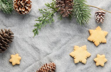 Tekstil arka planında çam dalı ve Noel kurabiyeleri. Noel tatiline hazırlık konsepti. Düz yatıyordu. Boşluğu kopyala.