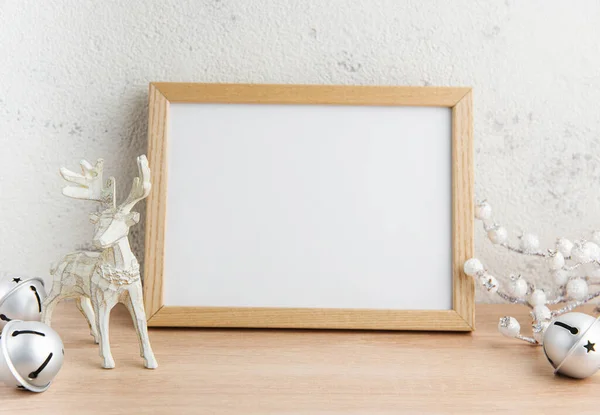 White Blank Wooden Frame Mockup Christmas Decorations Wooden Table Frame — Stock Photo, Image