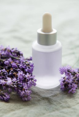 Spa products and lavender flowers.  Aromatherapy lavender bath salt and massage oil