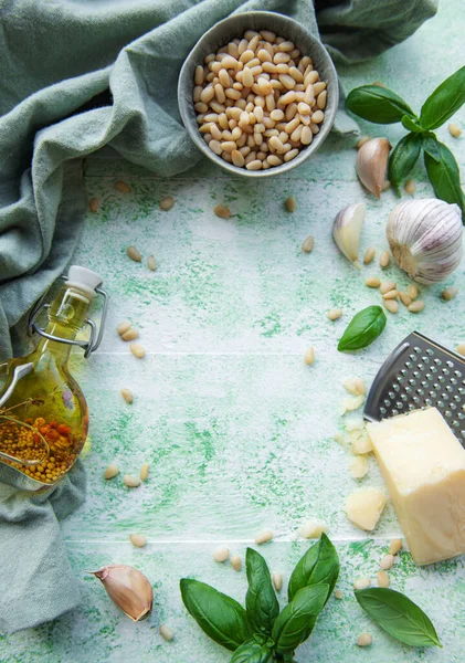 Ingredient Pesto Sauce Fresh Basil Pine Nuts Olive Oil Cheese — Stock Photo, Image