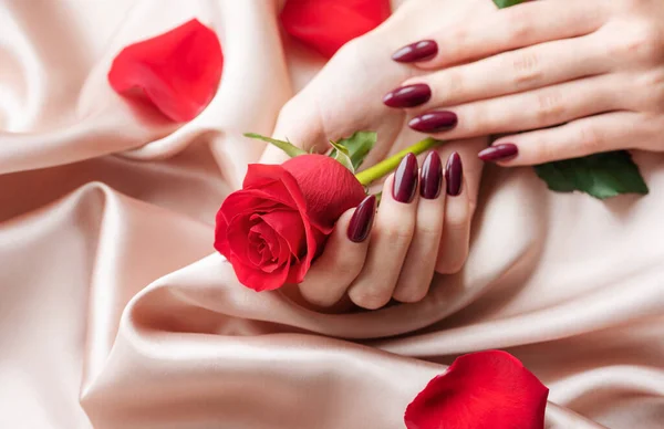 Krásné Ruce Mladé Ženy Tmavě Červenou Manikúrou Nehtech Béžové Hedvábné — Stock fotografie